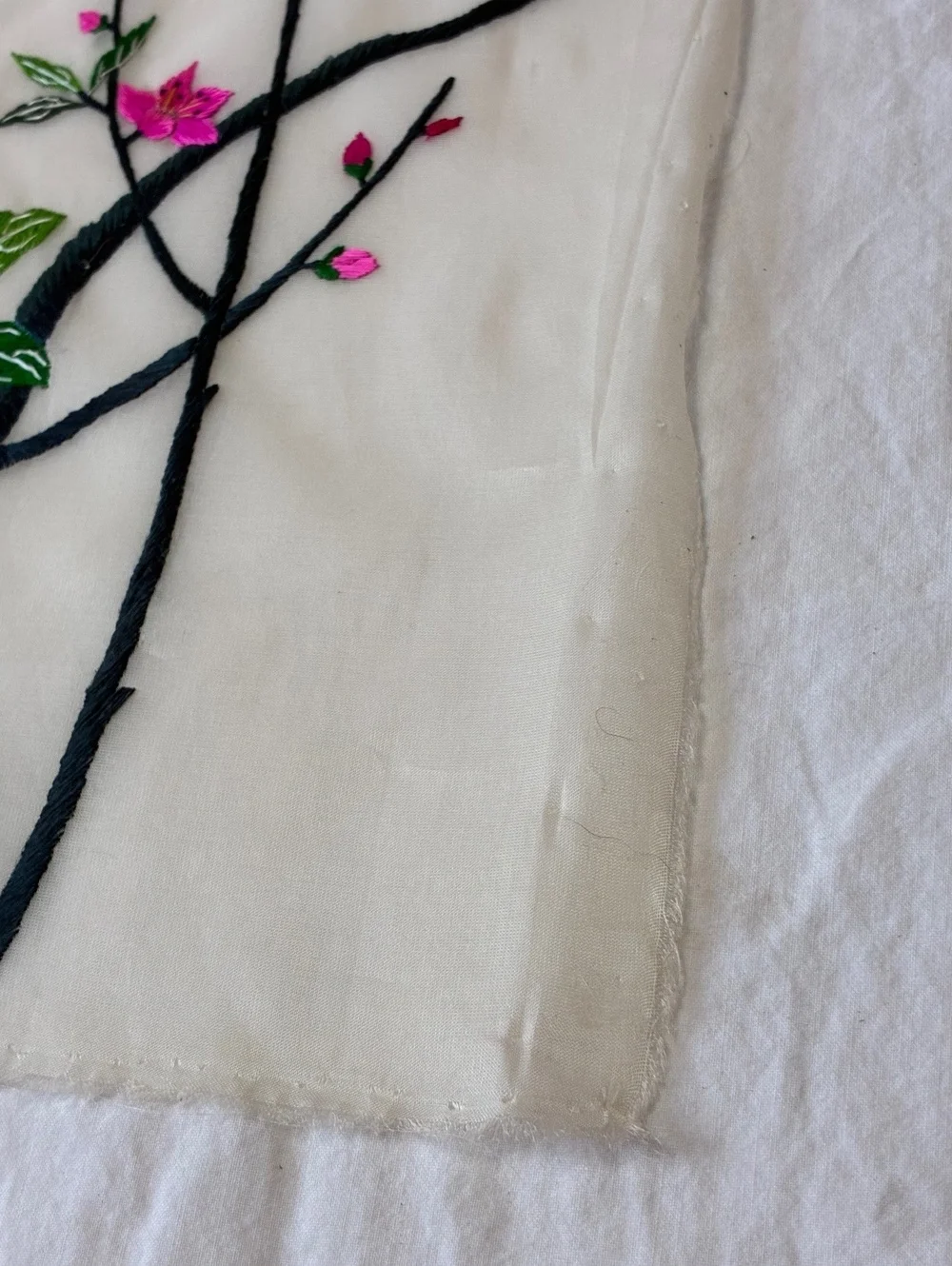 Vintage Embroidered Silk Textile with Peacocks and Flowers - 28x18 inches
